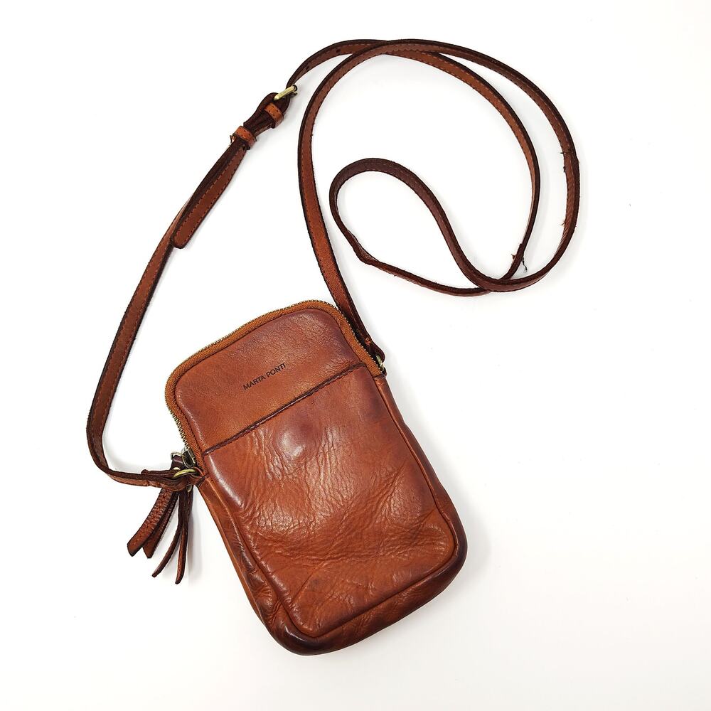 Marta Ponti Crossbody Bag Brown Leather Purse Boho Minimalist Cell Phone Wallet